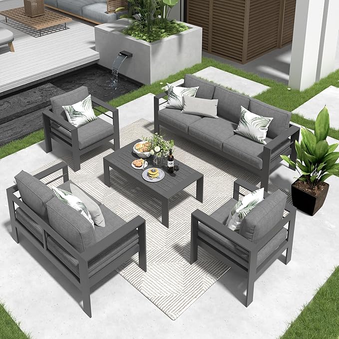 Solaste Aluminum Patio Furniture Set for All Weather, Oversized Metal Outdoor Furniture Set with 27.5" Deep Seating and 3.2" Wide Armrest, Outdoor Patio Conversation Sets with 10" Back Cushion, Gray