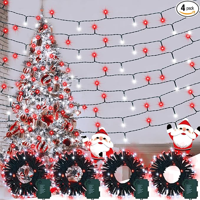 4 Pack Red White Christmas Lights Battery Operated 16.4Ft 50 LED Wreath String Lights Auto Timer Candy Cane Battery String Lights 8 Modes Green Wire Xmas Decor for Christmas Tree Garland