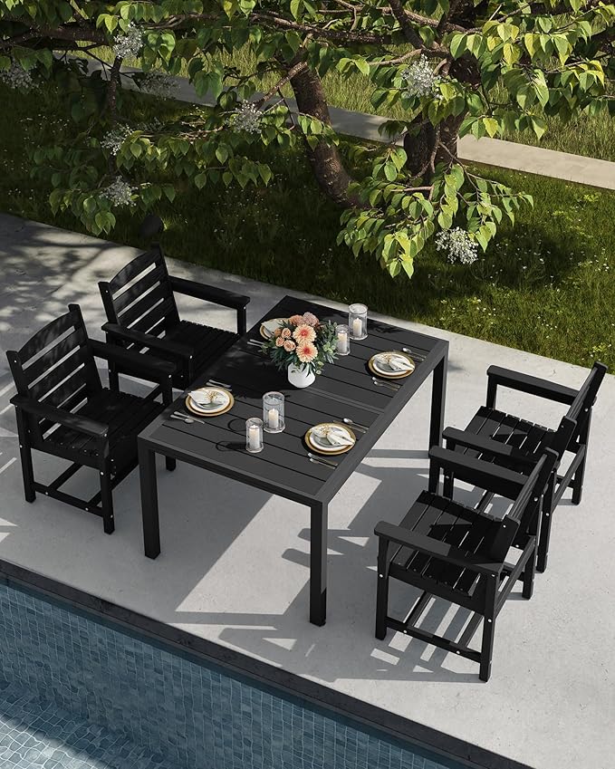SERWALL 5-Piece Outdoor Table and Chairs, 60" - 83" Expandable Outdoor Dining Table with Aluminum Frame & HDPE Tabletop, All Weather HDPE Patio Furniture Set for Backyard, Garden, Black