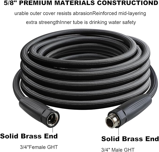 HQMPC Garden Hose 5/8"IDx30' Hose Stiff And Rigid Light Weight Durable Non Kinking Water Hose Female Brass Hose Fittings 30 FEET Black