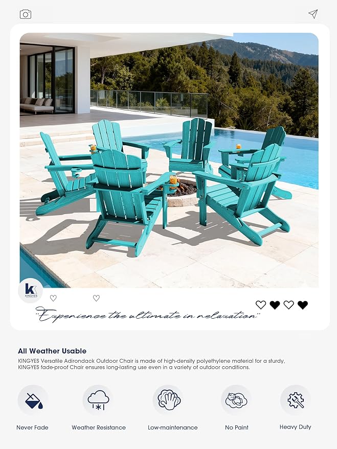 KINGYES Folding Adirondack Chair Set of 4, HDPE All-Weather Patio Chairs with Cup Holder, Wooden Textured Fire Pit Chairs for Poolside, Backyard, Deck, Aruba