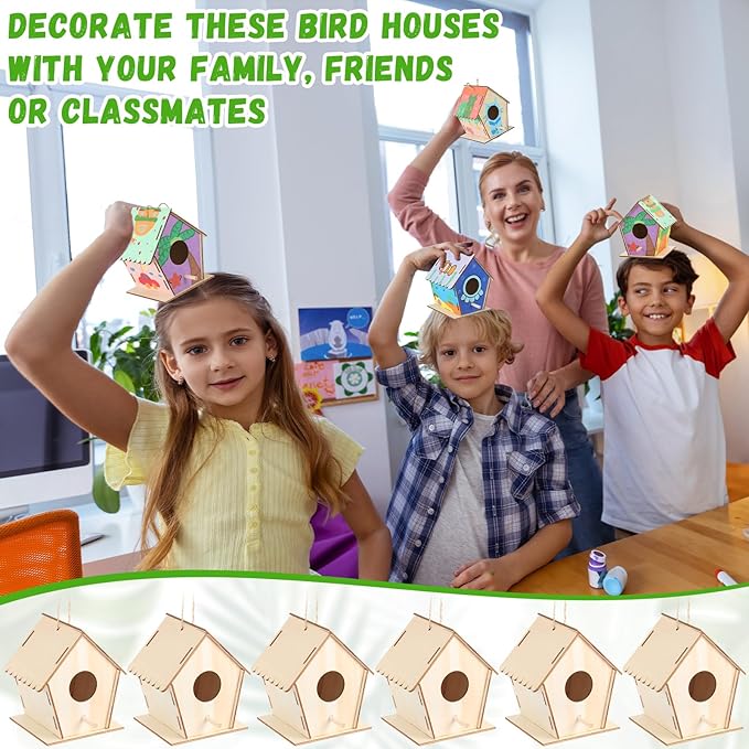 72 Pack 4.3" Wooden Bird Houses Bulk for Kids with Front Perch Peg, DIY Kid Art Craft Outdoor Birdhouse Kit Unfinished Hanging Birdhouse Class Activity for Girls Boys to Build and Paint