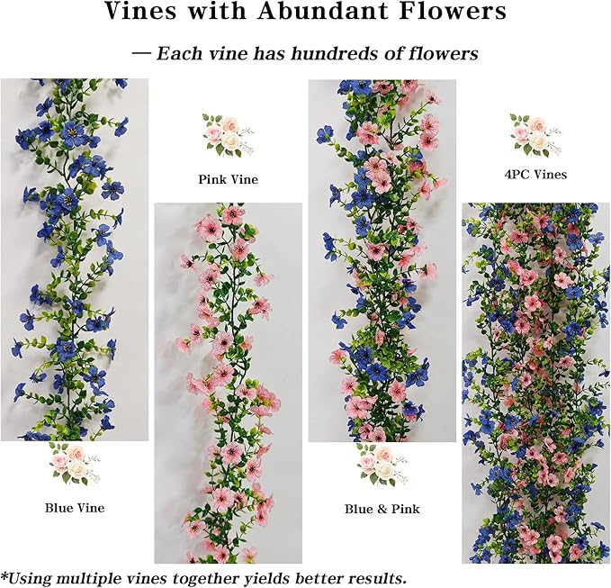 4 Pcs Faux Flowers Garland Plant, Artificial Vines Hanging Flowers Leaves Greenery Garland for Wedding Backdrop Arch Wall Decor, 6 Feet/pcs UV Resistant Indoor Outdoor