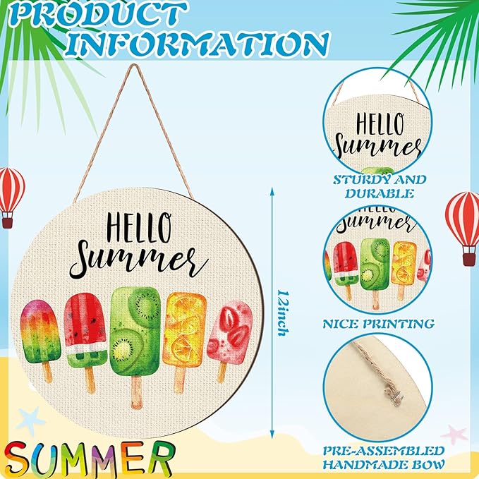 Chunful Hello Summer Door Decor Ice Cream Wreath Front Door Hanger Ice Lolly Farmhouse Summer Wooden Hanging Welcome Beach Wall Wreath Sign for Home Seasonal Holiday Porch Office Garden Office