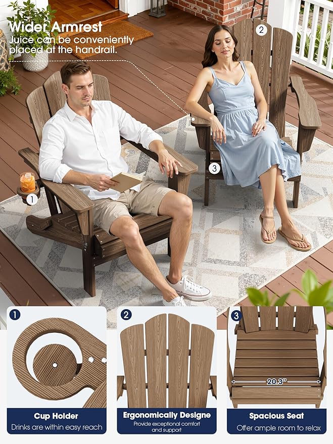 KINGYES Folding Adirondack Chair Set of 4, HDPE All-Weather Patio Chairs with Cup Holder, Wooden Textured Fire Pit Chairs for Poolside, Backyard, Deck, Brown
