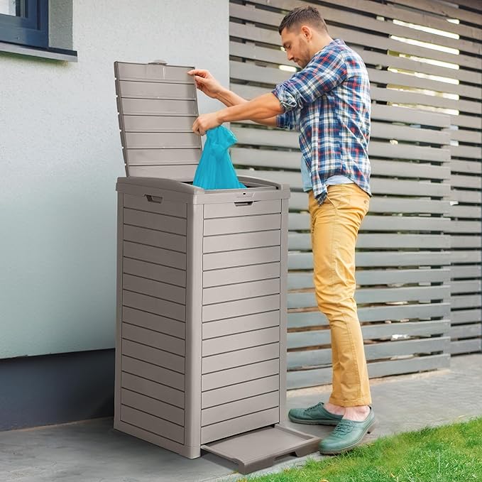 DWVO 38 Gallon Outdoor Trash Can with Lid & Drip Tray, Waterproof Hideaway Garbage Bin, Waste Container for Patio, Backyard, Deck, Garden, Easy Assembly & Clean (Taupe)