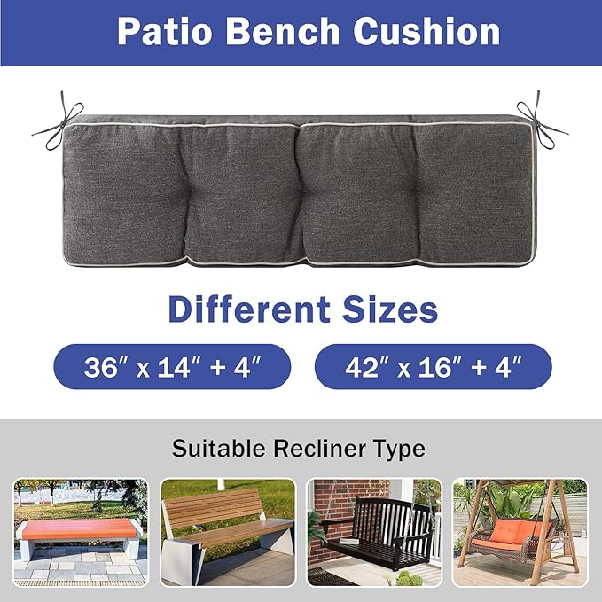 Bench Cushion, 36 x 14 Inch Patio Furniture Cushions with Durable Ties, Soft Memory Foam Bench Cushions for Indoor/Outdoor Furniture with Non-Slip Bottom, Kitchen&Dining, Dark Grey