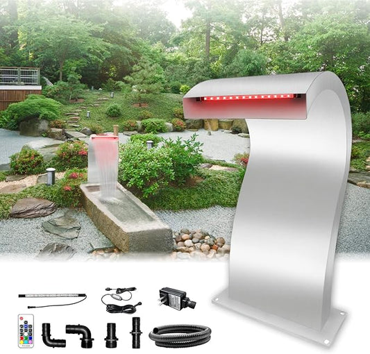LONGRUN S-Shaped Waterfall Spillway Stainless Steel Swimming Pool Fountain with Color Changing LED Light, Outdoor Pond Waterfalls Kit for Garden Patio Swimming Pool Koi Ponds Decoration -20.2" Height