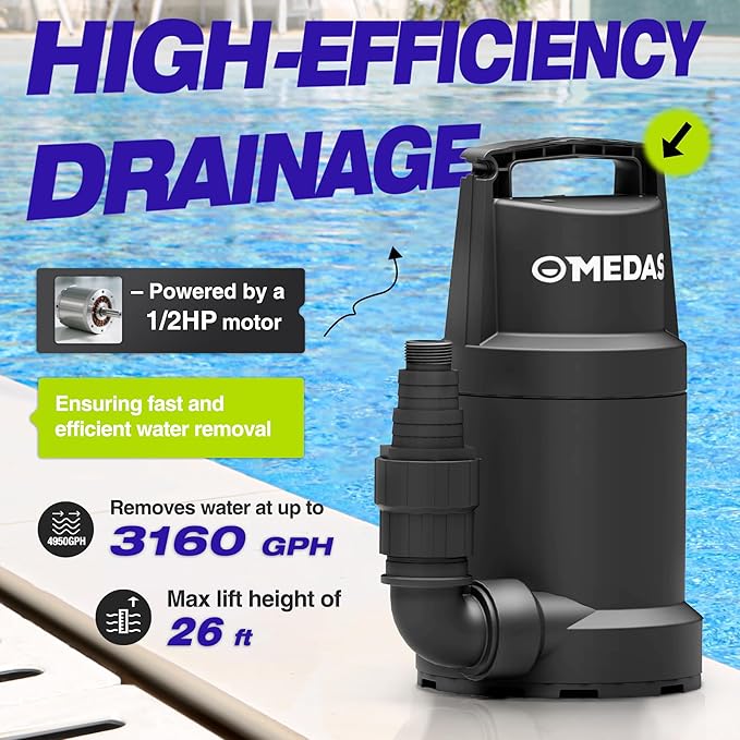 MEDAS Portable Sump Pump for Swimming Pool, Garden Pond, Basement Water Removal with 10ft Power Cord 1/2HP