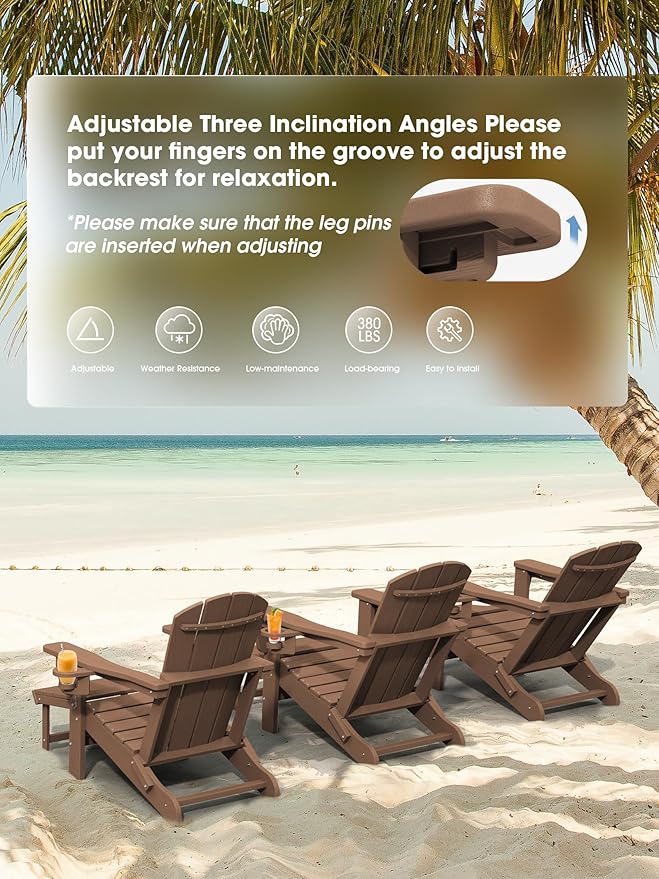 KINGYES Folding Adjustable Adirondack Chair with Retractable Ottoman Set of 6, HDPE All Weather Chair with Cup Holder - Recliner Adirondack Chair, Brown