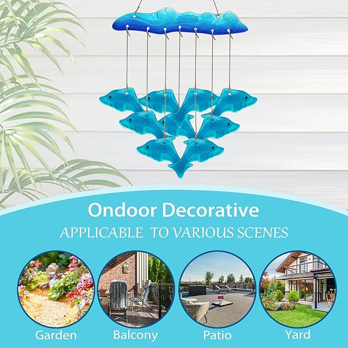 Sea Glass Dolphin Fish Wind Chimes for Outside, Windchimes Outdoors Unique, Patio Beach Outdoor Home Garden Decor, Windchimes Outdoors, Memorial Garden Christmas Decoration Gifts