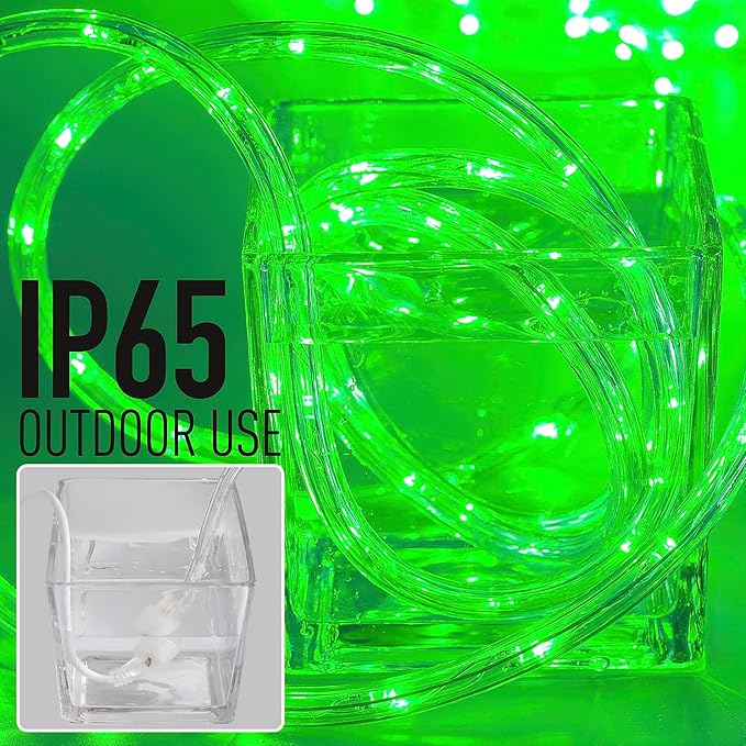 Waterproof LED Rope Lights, Connectable & Flexible with 8 Modes, Outdoor Lighting for Deck, Garden, Pool, Patio & Christmas Decor (Green, 50ft)