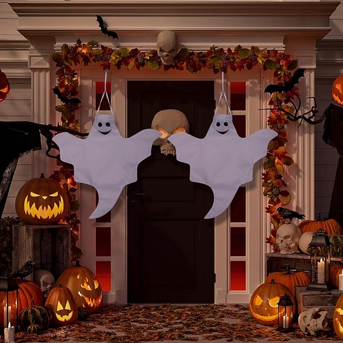 Skylety 2 Pcs 32 Inch Outdoor Halloween Ghost Decorations Tree Hanging Windsock White Flying Ghosts for Indoor Outdoor Tree Front Yard Porch Lawn Garden Pillar Party Decorations (Classic Style)