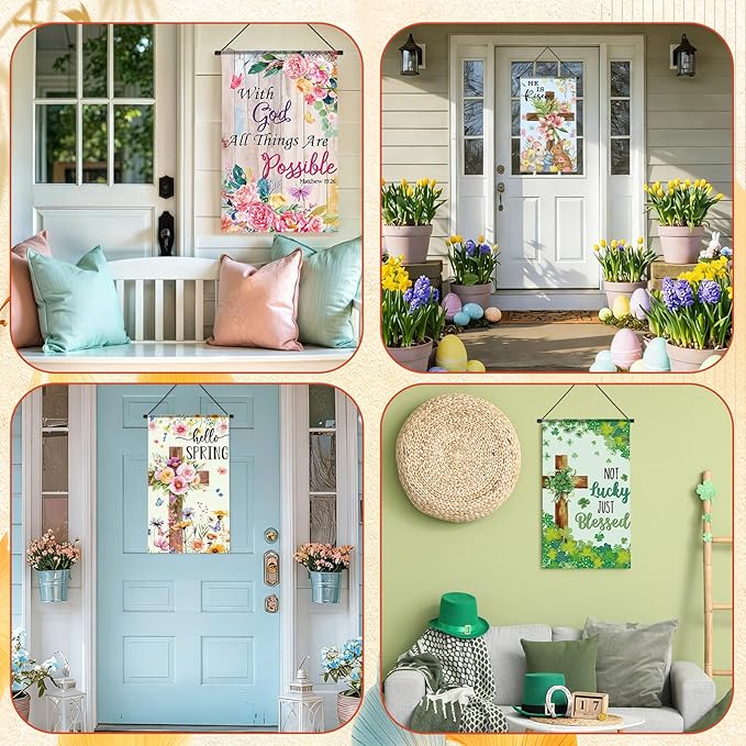 Tegeme 12 Pcs Christian Seasonal Door Banner St. Patrick's Day Easter Cross Spring Decor Door Sign Hanger 12 x 20 Inch Religious Holiday Hanging Flag Ornaments for Party Outdoor Indoor