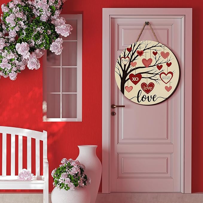 3 Pcs Valentines Day Decorations Door Sign Love Heart Welcome Wooden Hanging Sign Happy Valentine's Day Wood Wreath with Rope for Front Door Outdoor Farmhouse Porch Party Decor