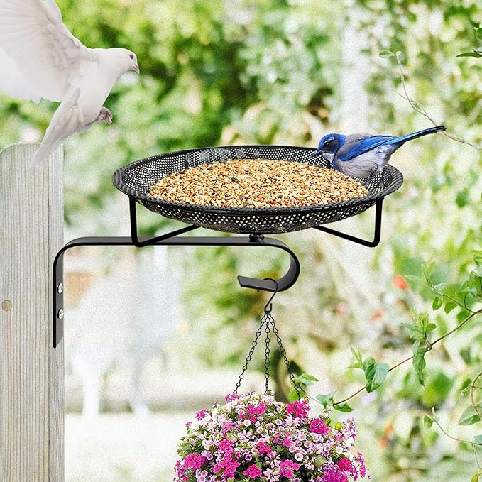Wall Mounted Bird Feeder Tray,11.8" Stainless Steel Large Fence Tree Mount Birds Feeder for Outside Wild Birds, Table Mountable Platform Bird Feeder Mesh Seed Tray with Hanging Hook