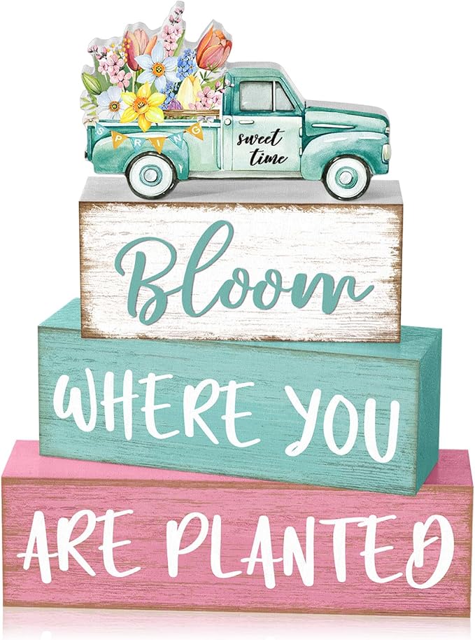 4 Pcs Spring Table Decorations Wooden Truck Floral Block Sign Rustic Flower Tabletop Centerpiece Farmhouse Distressed Easter Spring Decor for Home Office Desk Tiered Tray Decor