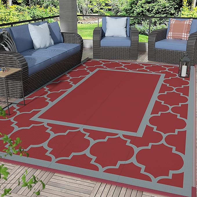 GENIMO 8' x 10' Outdoor Rug Waterproof for Patio Decor, Foldable Reversible Plastic Straw Area Rugs Mat for Camper, Outside Carpet for Rv, Deck, Porch, Picnic, Beach, Balcony, Red & Grey