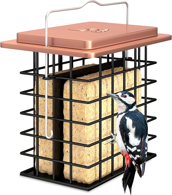 iBorn Double Suet Feeder- Metal Roof Bird Feeder with Taller Grid for Woodpeckers, Suet Cake Cage Bird Feeder for Outdoors Hanging,Easy-Clean & Refill,Metal Brushed Copper（Pack of 1）