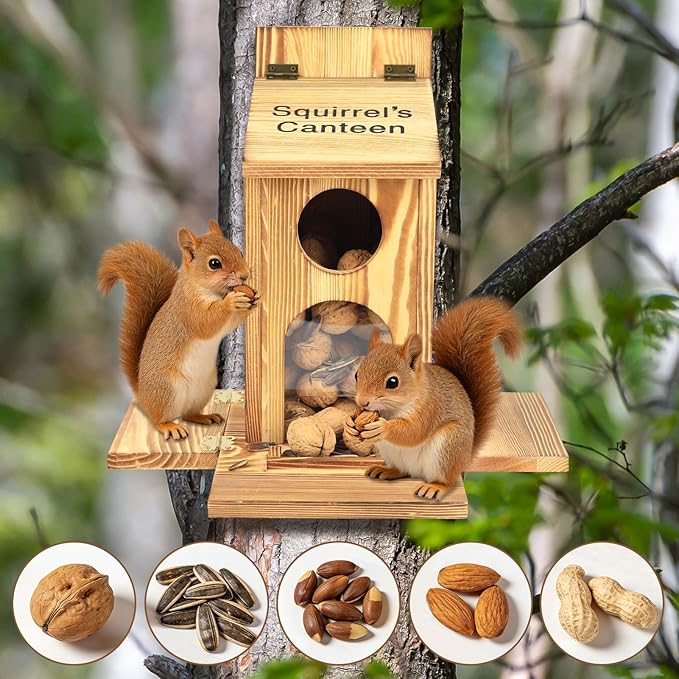 Squirrel Feeder with Standing Panel - Requires Assembly, Wooden Nut Bar Squirrel Feeders for Outside, Backyard, Wildlife, Durable Chipmunk Feeder Box for Peanut, Nuts