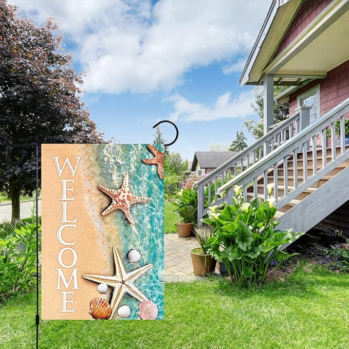 Louise Maelys Welcome Spring Summer Beach Garden Flag for Outside 12x18 Double Sided Vertical, Burlap Small Summer Starfish and Seashell Lake Garden Yard House Flags Seasonal Summer Outdoor Decoration