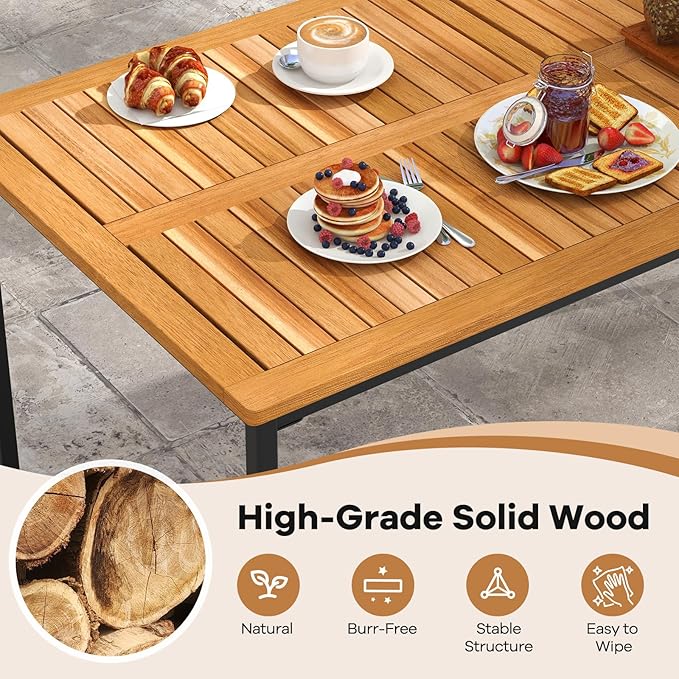 Tangkula 7 Piece Outdoor Dining Set for 6, Acacia Wood Rectangular Dining Table & 6 Armchairs w/Metal Frame, Umbrella Hole, Farmhouse Dining Furniture Set for Garden Porch Poolside Yard