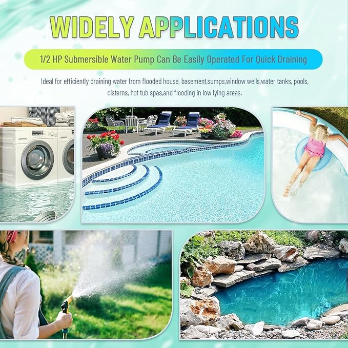 1/2 HP Submersible Water Pump 2900 GPH Portable Small Sump Pump For Pool Cover, Basements, Puddles, Gardens Ponds With 16.4 Ft Power Cord and Hose Adapters, Light Yellow