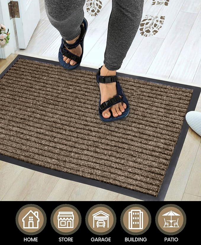 LuxUrux Heavy-Duty Rubber Door Mat - Durable, Indoor/Outdoor, Easy-Clean, Waterproof, Low-Profile (23'' x 35'', Striped Brown) - Ideal for Patios, Garages, and High-Traffic Entryways