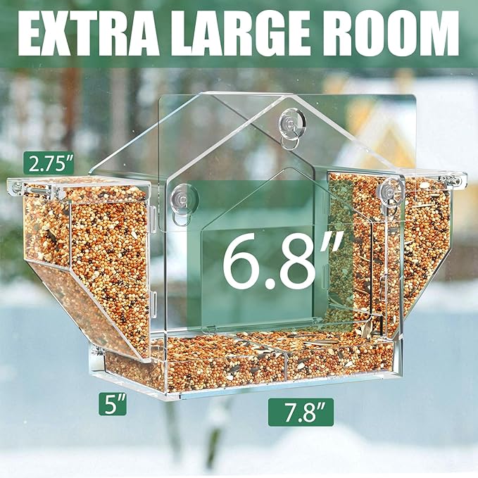 Upgraded Window Bird Feeder with Dual Side Hoppers – High Capacity Outside Birdfeeder for Window – Strong Suction Cups & Adhesive Options, Close-up Viewing for Indoor Cats & Seniors, Ideal Nature Gift