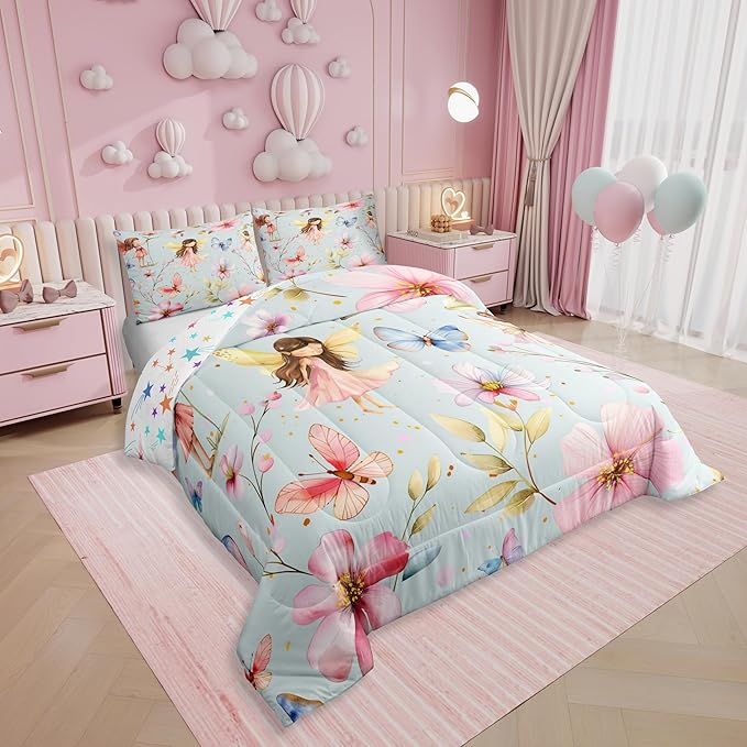 Erosebridal Floral Fairy Full Bedding Set,Dreamy Fairy Garden Comforter Set for Girls Kids,Cute Butterfly Flower Comforter,Pink Girly Princess Bedroom Room Decor,2 Pillowcases Breathable