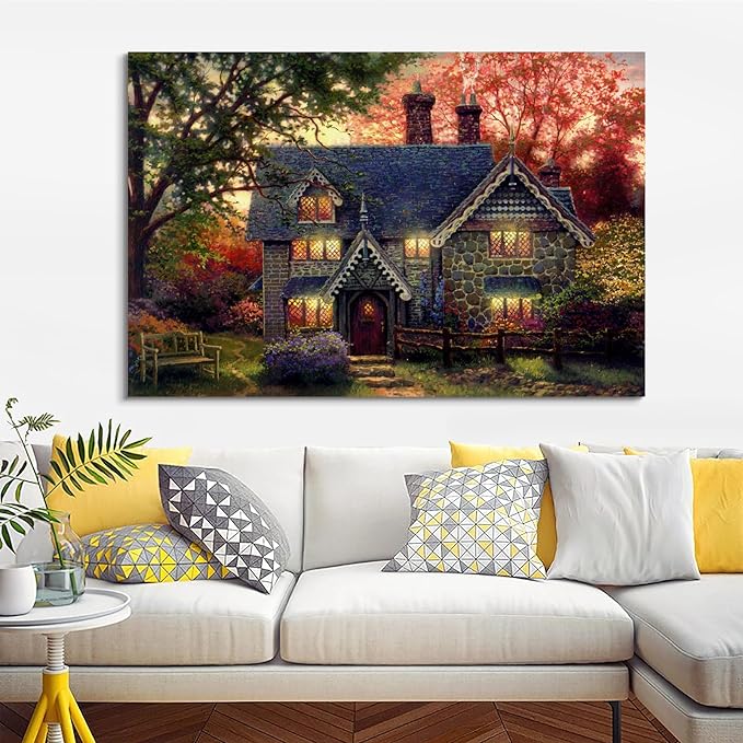 STUDIO HAVEN Thomas Kinkade Canvas Wall Art, Autumn Evening Flower Garden Cozy Glow and Wooden Bench Oil Painting Poster Rustic Landscape Wall Decor, Framed Prints for Home Decor, 40x28Inch