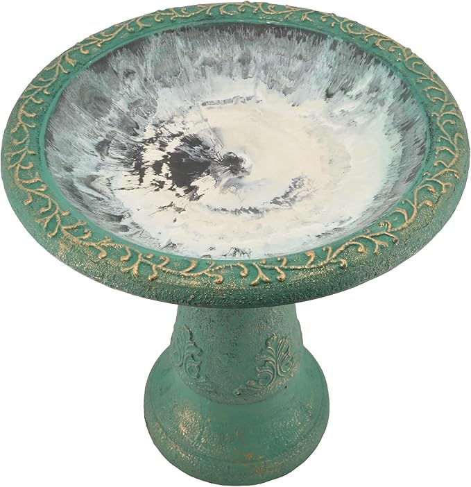 Arcadia Garden Products BB04 Fiberclay Bird Bath Outdoor Garden Decor, Antique Vintage Weather Resistant Water Bowl for Backyard and Patio and, 20-inch Tall, Green