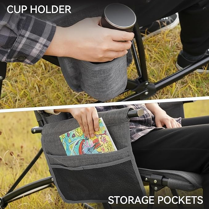Oversized Rocking Camping Chair Folding Rocking Chair with High Back Padded Outdoor Rocking Chair Heavy Duty Portable Rocker Chair for Camping, Lawn and Patio, Supports Up to 400 lbs, Grey