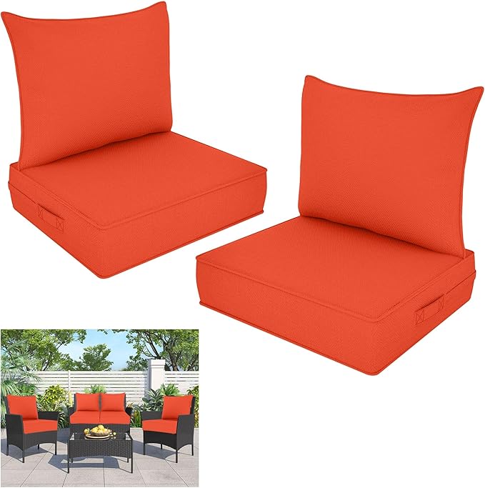Outdoor Deep Seat Cushion Set, Fade Resistant Patio Chair Cushions, 24x24x6 Inch Patio Sofa Furniture Pad with Removable Cushion Covers (Orange, 24''Lx24''Wx6''H-2pcs Set)