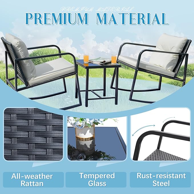 Flamaker Patio Chairs 3 Piece Wicker Rocking Chair Outdoor Bistro Sets with Coffee Table and Cushions Metal Frame Patio Furniture for Porch, Balcony, Lawn (White)