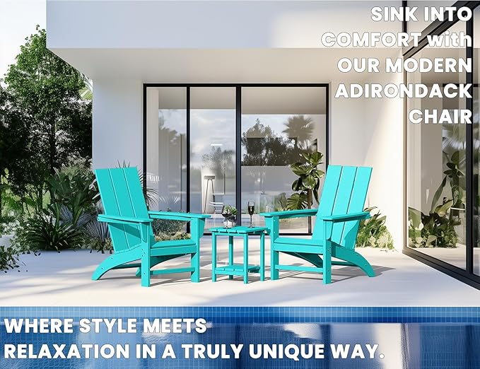 Modern Adirondack Chairs Set of 2, HDPE Plastic Patio Chairs for All Weather, Fire Pit Chair, Outdoor Lawn Chairs for Deck, Porch, Backyard, Garden, Aruba Blue