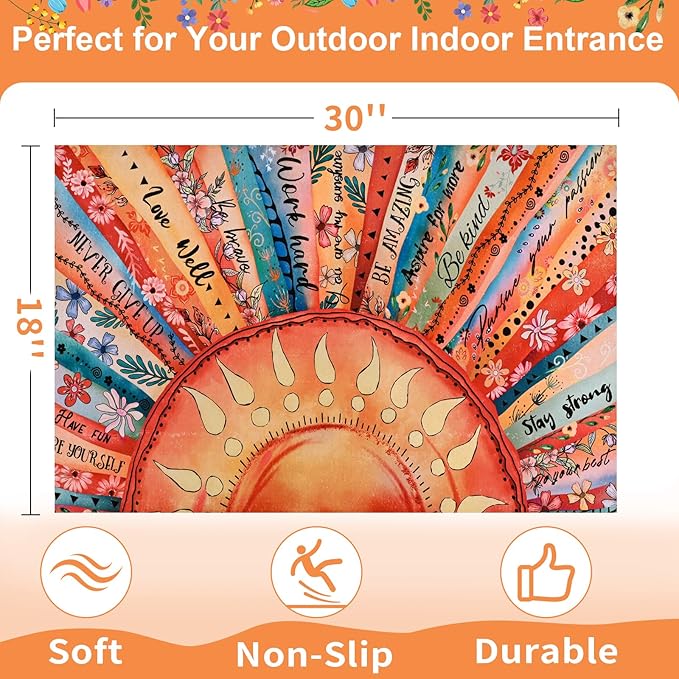 Likiyol Sun Door Mat Outside Entrance, Inspirational Quotes Welcome Mat Front Door Mats Colorful Floral Non Slip Boho Doormat Outdoor Indoor Entrance, Low Profile, Absorbent, 18'' x 30''
