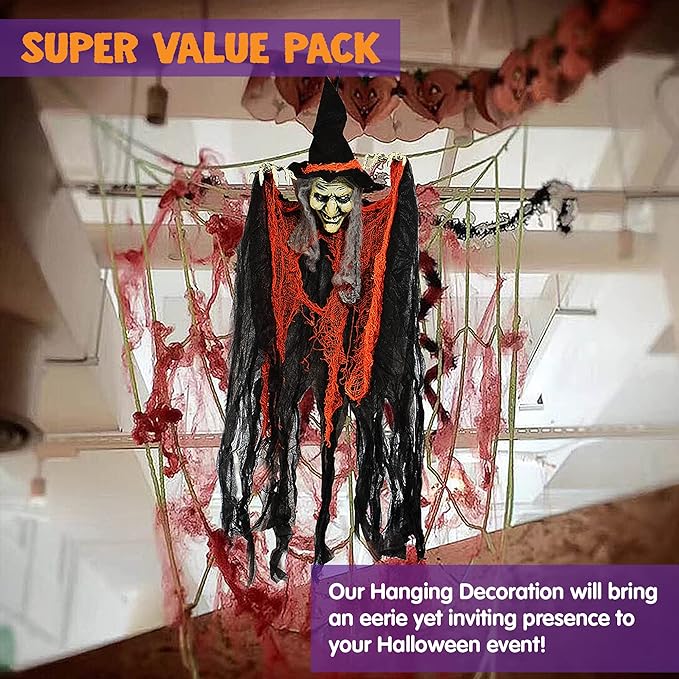 JOYIN 3 Pack 35” Hanging Ghosts Witch Pumpkin Decor Hanging Halloween Decorations Outdoor Halloween Decor, Scary Flying Witch Grim Reapers Haunted House Front Porch Decor Yard Garden Lawn Party