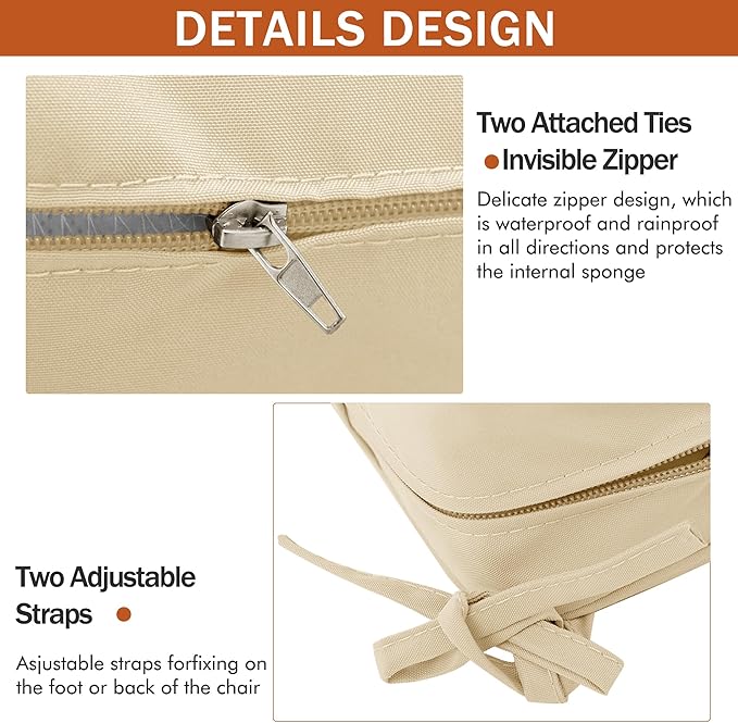 Outdoor Chair Cushions 18.5x16 Inch Waterproof Patio Chair Cushions with Tie 5 Year Color Fastness Thick Outdoor Seat Cushion for Patio Furniture Beige Set of 4