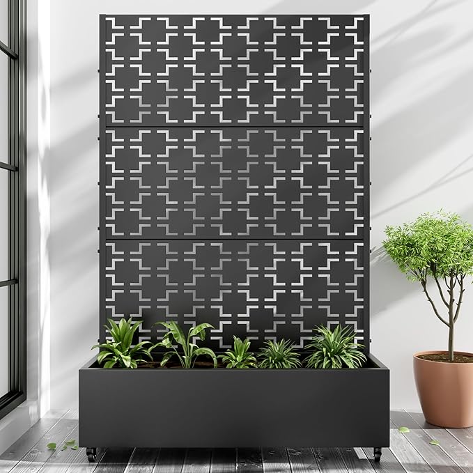 Casaphoria Metal Raised Garden Bed with Trellis and Wheels, 72"x47"x16" Planter Box for Climbing Plants, Vegetables & Vines, Features Drainage Holes and Privacy Screen (Black-Square)