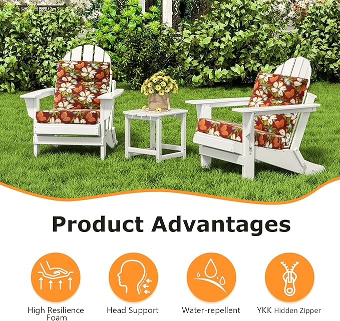 Outdoor High Back Chair Cushion Seat Pads, 44 x 21 Inch Water-Repellent & Fade-Resistant Patio Furniture Cushions with Ties for Adirondack, Rocking Chairs, Red Floral