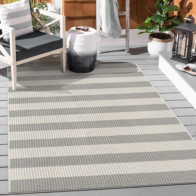 Grey and White Striped Rug-3x5 Front Door Mat Outdoor,Washable Reversible Porch Rug Cotton Hand-Woven Spring Doormat, Foldable Layered Door Mats for Entryway/Farmhouse