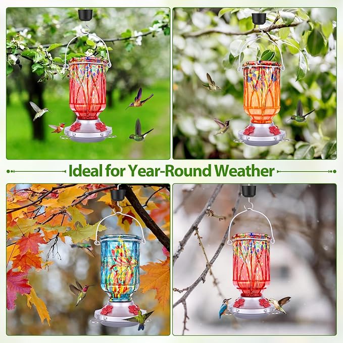 Hummingbird Feeders for Outdoors with Ant Moat, Hand Blown Glass Hummingbird Feeder, 4 Feeding Ports with Perch, Outdoor Garden Décor, 15 OZ, Blue, Gifts for Mom Wife Dad Men Women