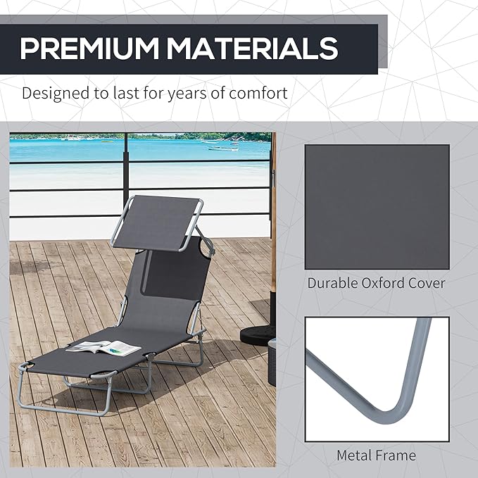 Outsunny Outdoor Lounge Chair, Adjustable Folding Chaise Lounge, Tanning Chair with Sun Shade for Beach, Camping, Hiking, Backyard, Gray