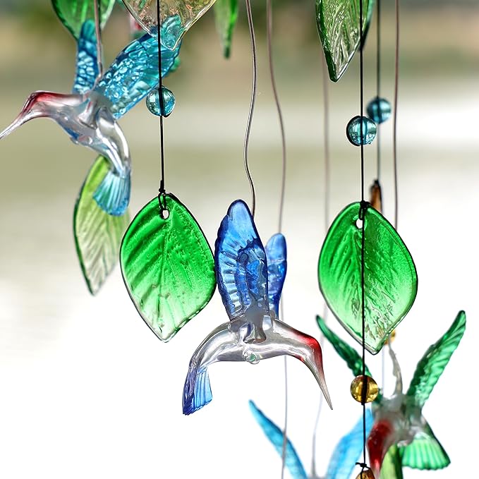 Colorful Hummingbird Wind Chimes with Solar-Powered Flashing Lights, 13 Inch Colorful Shell Hanging Decor for Outdoor Garden Patio Yard Home Indoor Outdoor Wall Window Decor