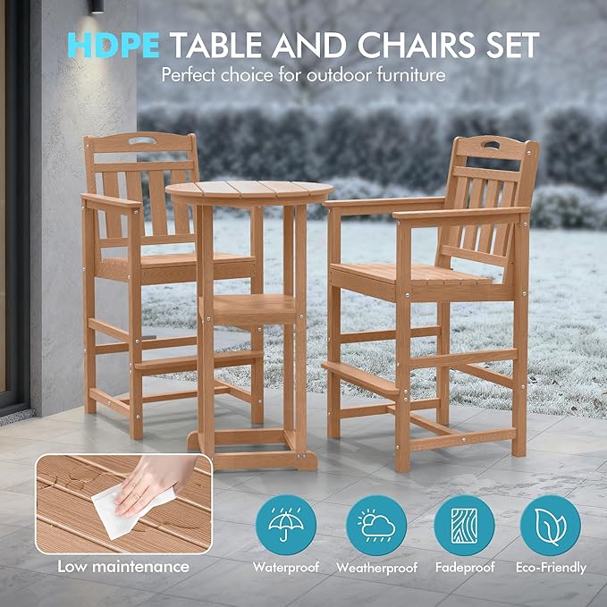 Ciokea 3-Pcs Bistro Table and Chairs, All-Weather Round High Top Bar Table with Storage Shelf and 2 Oversized Adirondack Chairs, Heavy Duty Outdoor Bar Set Patio Bistro Set for Balcony Deck, Teak