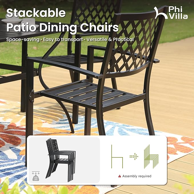 PHI VILLA 7 Pieces Outdoor Dining Set for 6, 60” Rectangular Metal Table with Umbrella Hole & Stackable Black Wrought Iron Chairs, Large Outside Furniture for Patio, Deck, Backyard, Porch