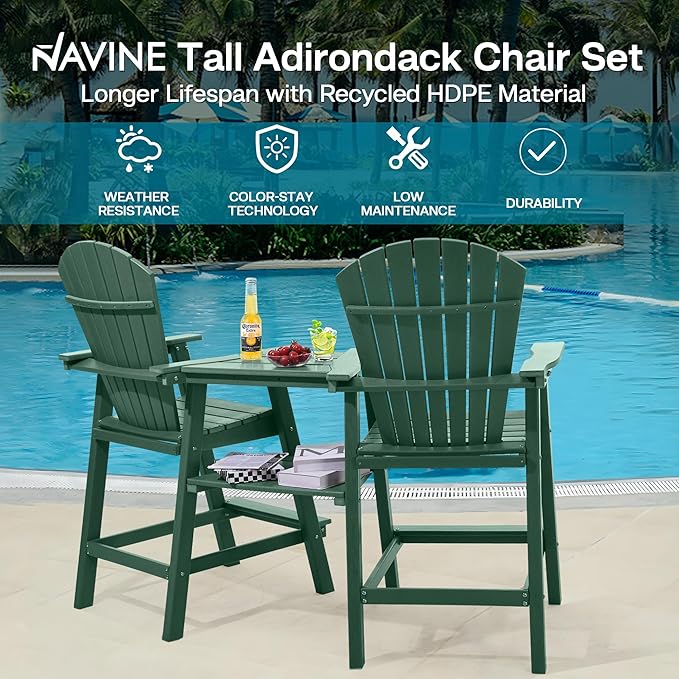 Tall Adirondack Chairs Set of 4, HDPE Balcony Chair with Double Connecting Tray, Weather Resistant Outdoor Adirondack Bar Stools for Patio, Deck, Patio, Backyard, Balcony. (Dark Green)