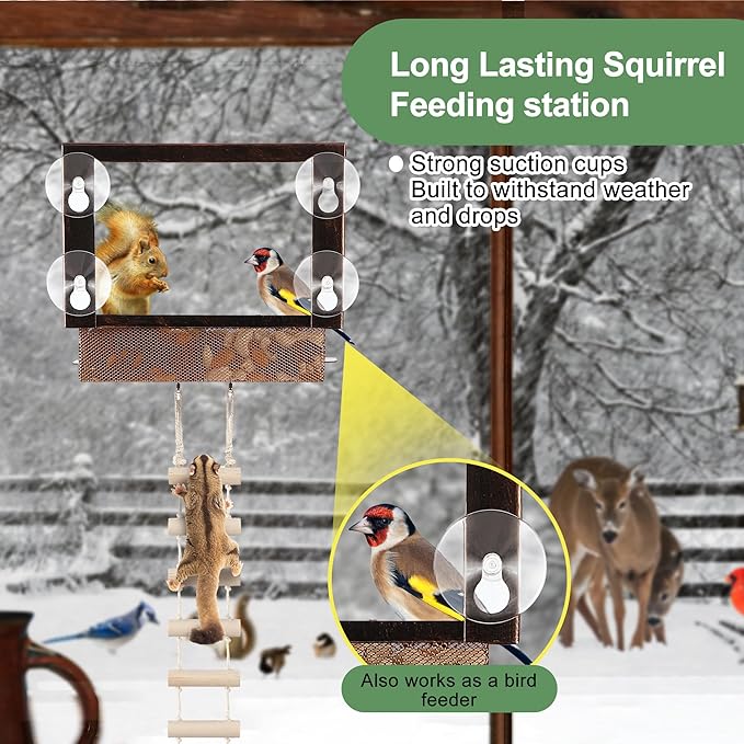 Enhon Window Squirrel Feeder, Metal Squirrel Feeders for Outside Winter with Strong Suction Cups & Ladders, Safe Funny Chipmunk Feeder, Feeding Shelter for Squirrels for Corn Peanuts