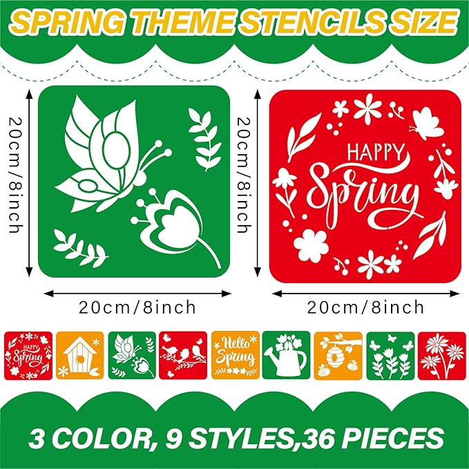 36pcs Spring Drawing Stencils for Kids 8 Inch Sidewalk Chalk Stencils Painting Large Washable Reusable Spring Themed Flowers Primary Shape Template for Kids Toddlers Preschool
